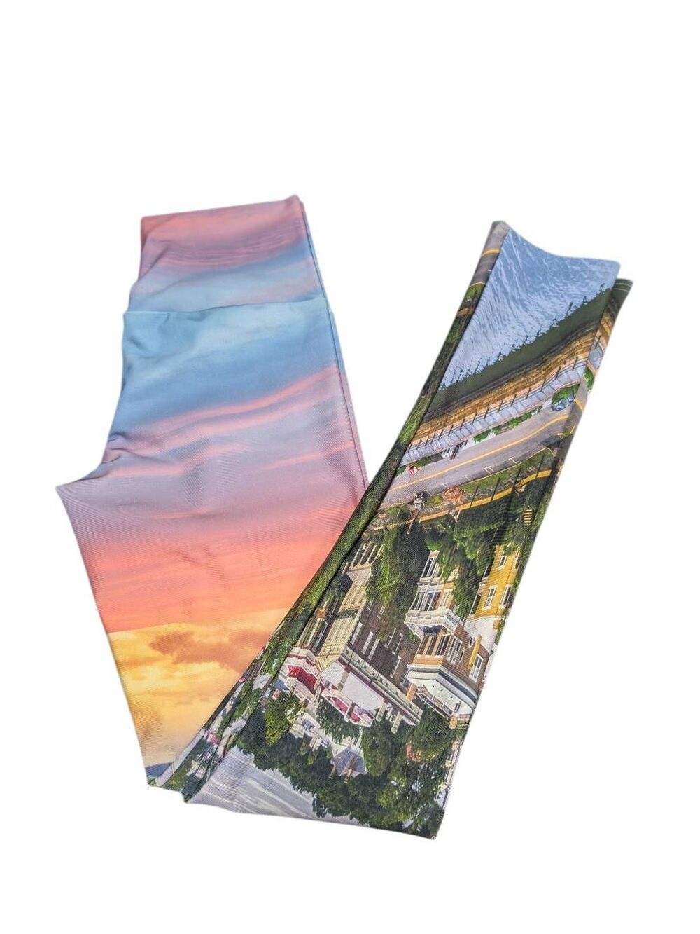City Legs high-waisted printed yoga leggings pastel sky gradient on one leg and